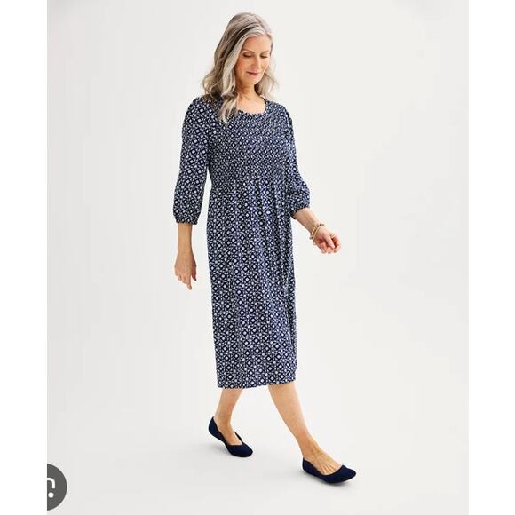 Croft & Barrow Navy Blue White Print Midi Dress 3/4 Sleeve Size 2X - Picture 1 of 12